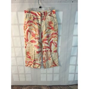 Chico's Cream Pink Havana Shores Linen Tropical Palm Wide Leg Pants Size 0 Tall